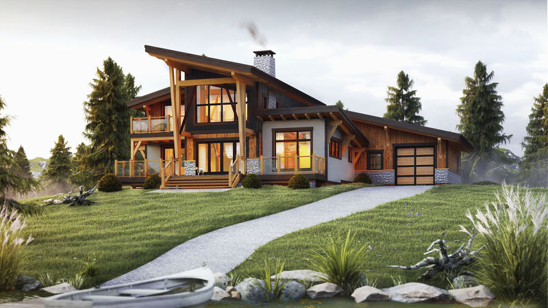 <p>This contemporary timber frame house plan balances a small footprint with a feeling of spaciousness by utilizing an open concept floor plan and large windows. At almost 2,500 sq. ft. this house plan is built to highlight the features of the backyard. Whether lakeside or amongst the mountains, beyond the back of house&#39;s wall of windows, there is a gracious deck the length of the house. This lakeside patio provides plenty of space for entertaining and outdoor living. The main floor features the kitchen and dining area, the great room, and a master bedroom with ensuite bathroom and walk-in closet. The large mud room and laundry connect to the 625 sq. ft. double garage, which is not included in the square footage for this house. The upstairs loft has two guest bedrooms, a full bath and family area connected to the balcony.<br />
<br />
These drawings are the property of Canadian Timberframes Ltd&reg; and may not be reproduced or copied without our written consent.</p>
