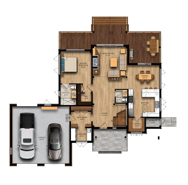 1,530 Sq Ft living space which excludes the 625 Sq Ft garage.